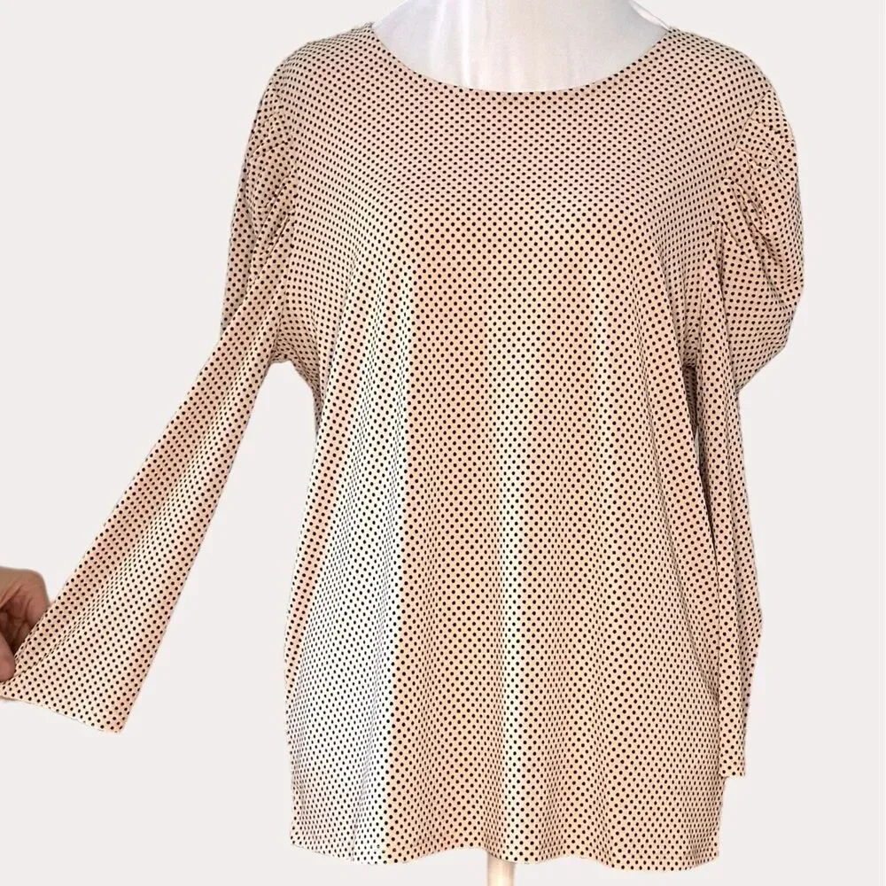 Adrianna Papell Slinky Knit Puff Sleeve Blouse Top Polka Dot Peach M NWOT